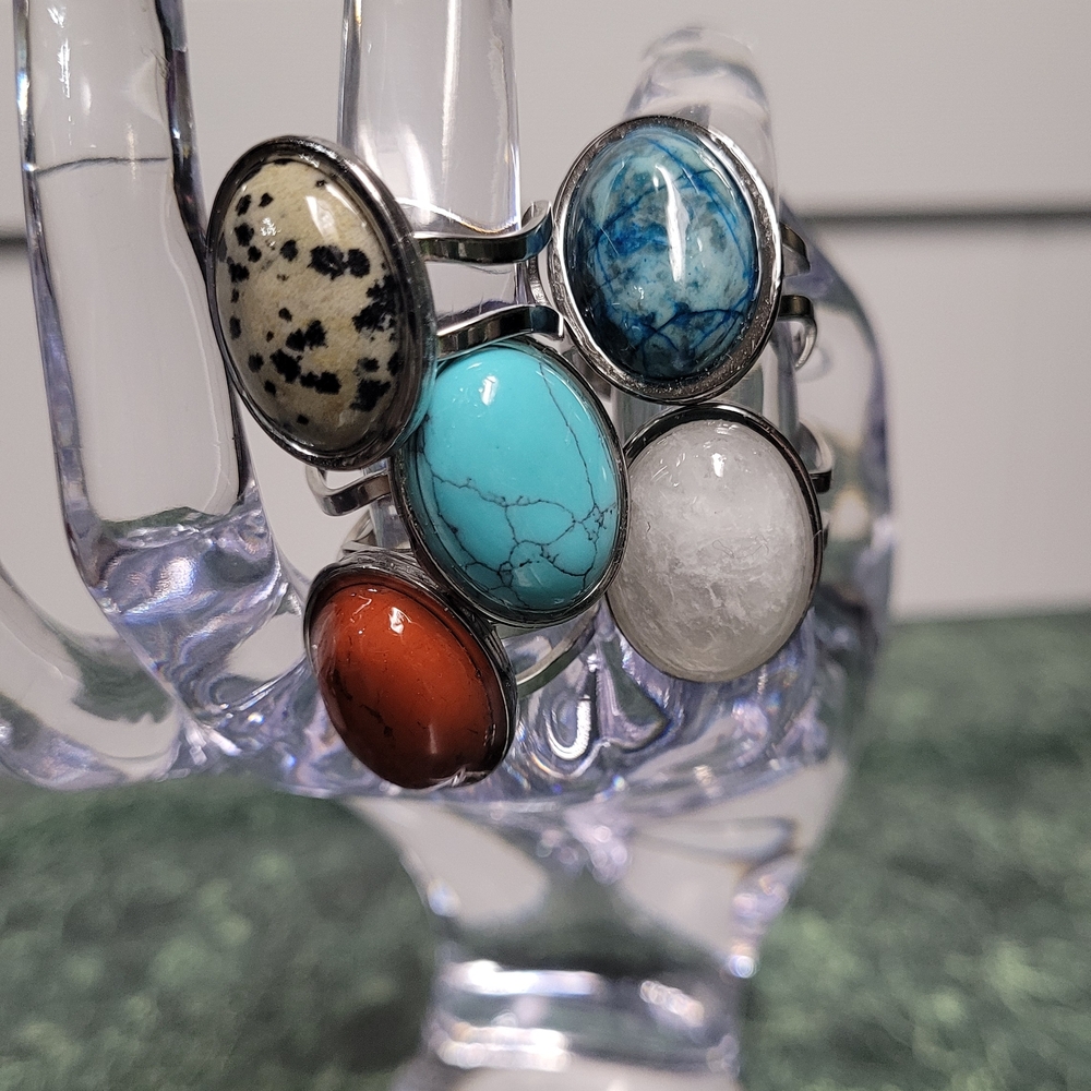 Multi-Variety Stone Silver Stainless Steel Rings Size 7-8